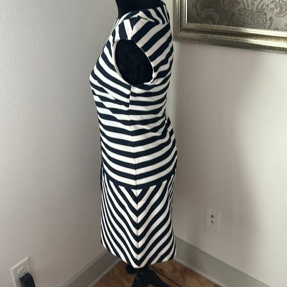 Taylor ivory dark blue geo stripes sleeveless fit silhouette dress Sz 4 - Picture 3 of 6